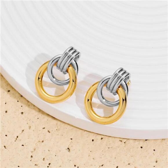 Two Tone Geometric Link Earrings | Lightweight Statement Dangle Studs - Picture 1 of 5